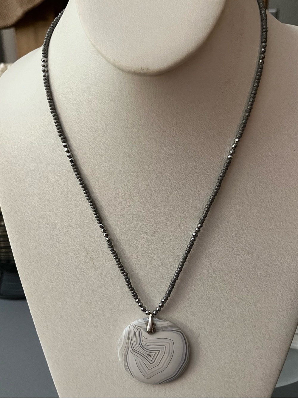 Silver Hematite Bead Necklace with White stone Pendant